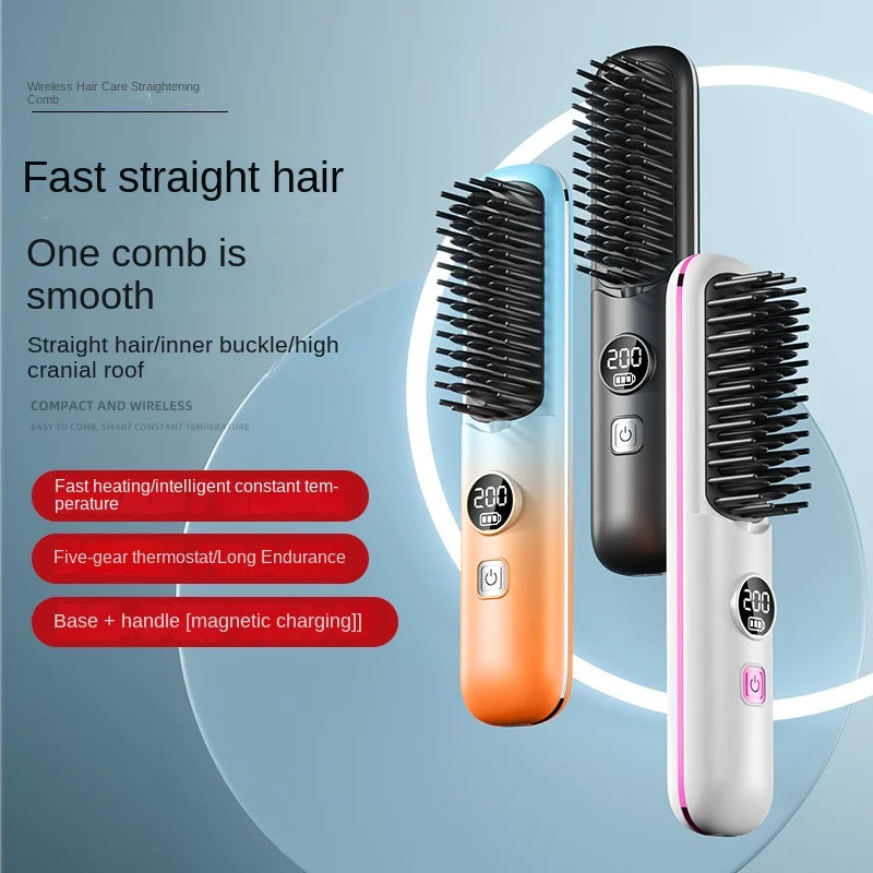 Straightening comb with charging base Wireless rechargeable 2000mAh comb Heated portable hairbrush