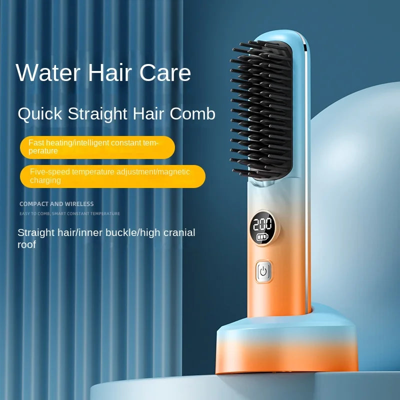 Straightening comb with charging base Wireless rechargeable 2000mAh comb Heated portable hairbrush